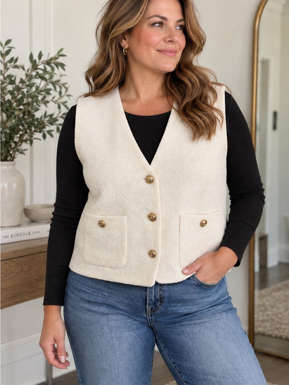 H&M Cream Bouclé Gold Button Tailored Vest Waistcoat L NWT